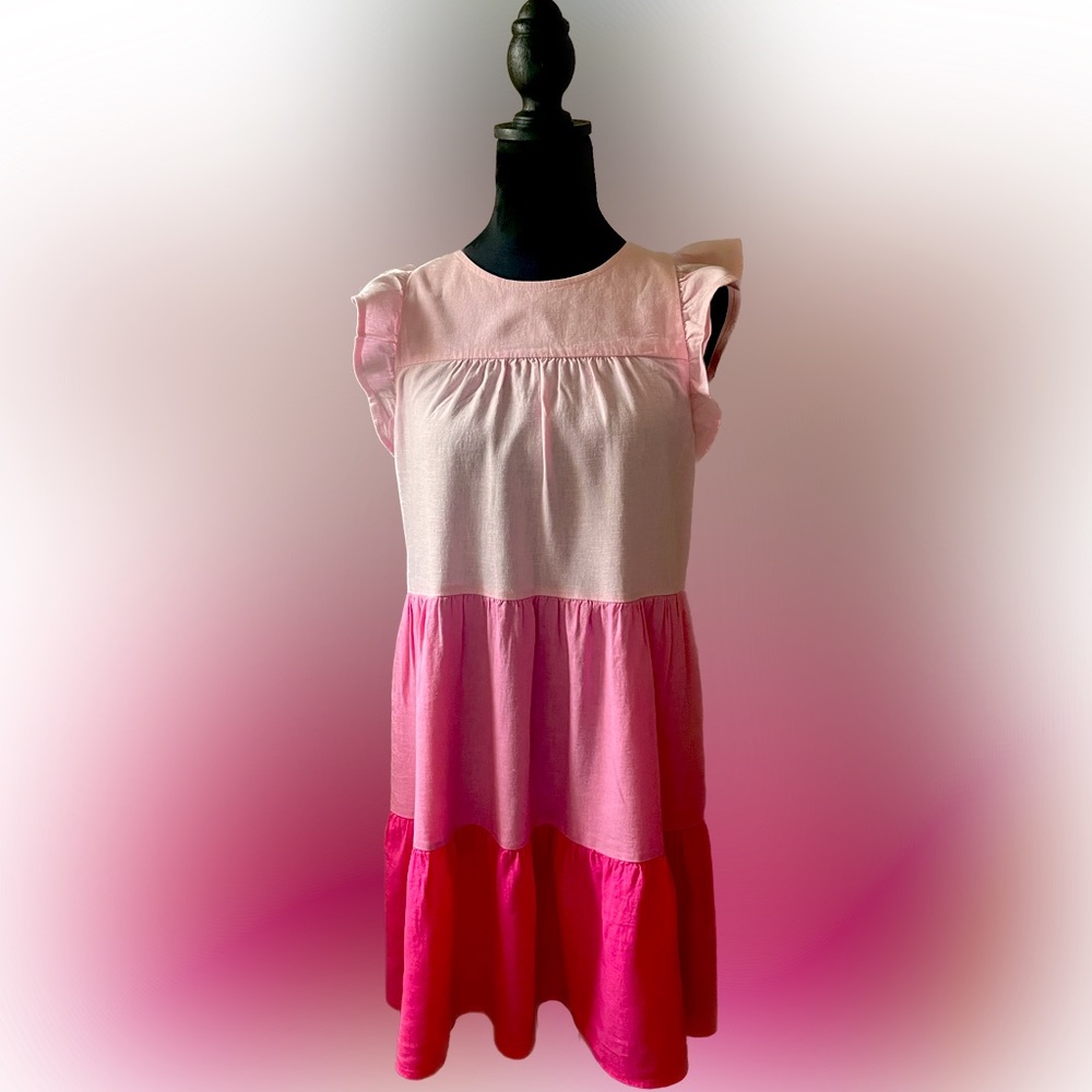 Linen-Blend Ruffle Sleeve Tiered Mini-Dress Size 2